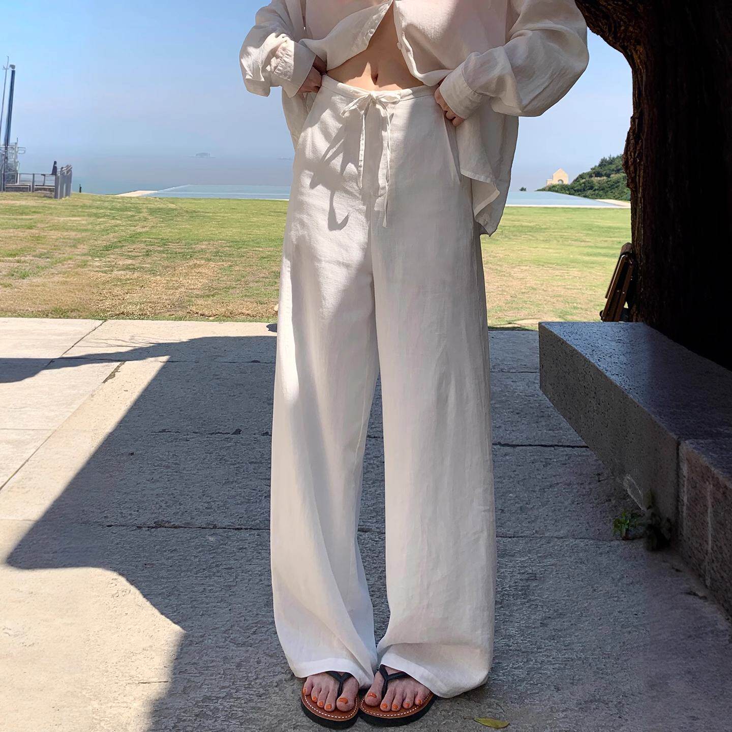 麻料白色裤子女夏季薄宽松休闲棉麻苎亚麻感老钱风慵懒冰丝阔腿裤