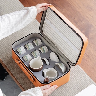 家用收纳包便携式 远山白陶手绘旅行茶具陶瓷功夫盖碗茶壶茶杯套装