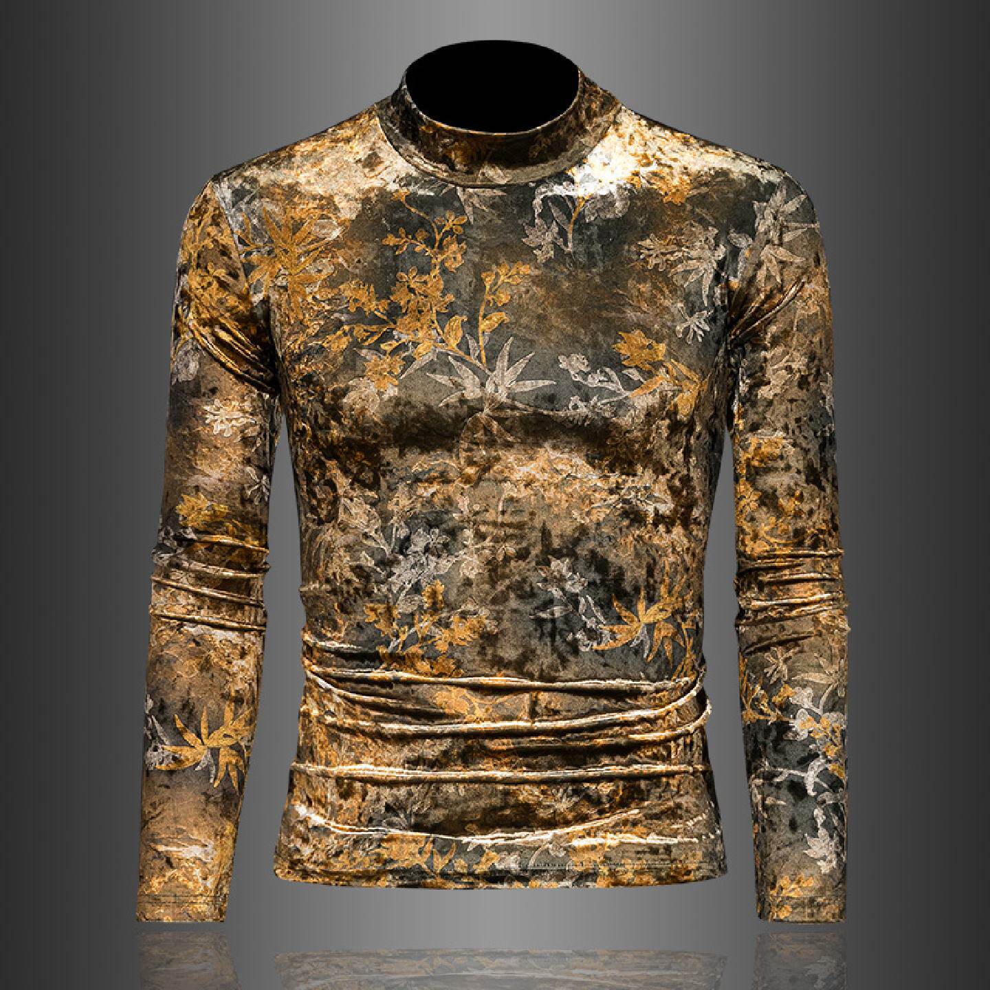 金丝绒长袖花恤打底男秋冬季修身休闲保暖半高领双面绒休闲上衣潮