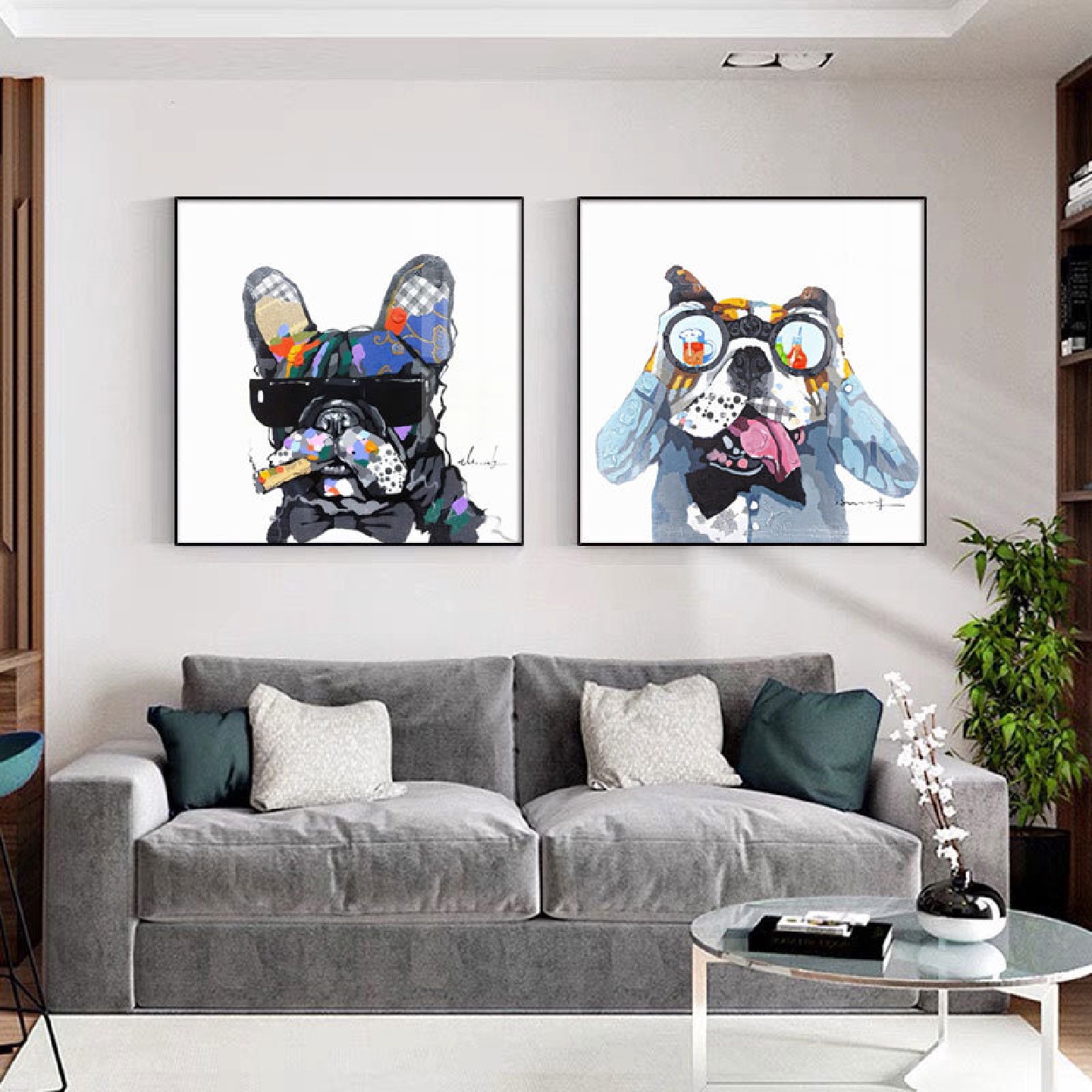 现代简约餐厅装饰画饭厅餐桌墙挂画正方形卧室玄关墙面壁画酒杯狗图片