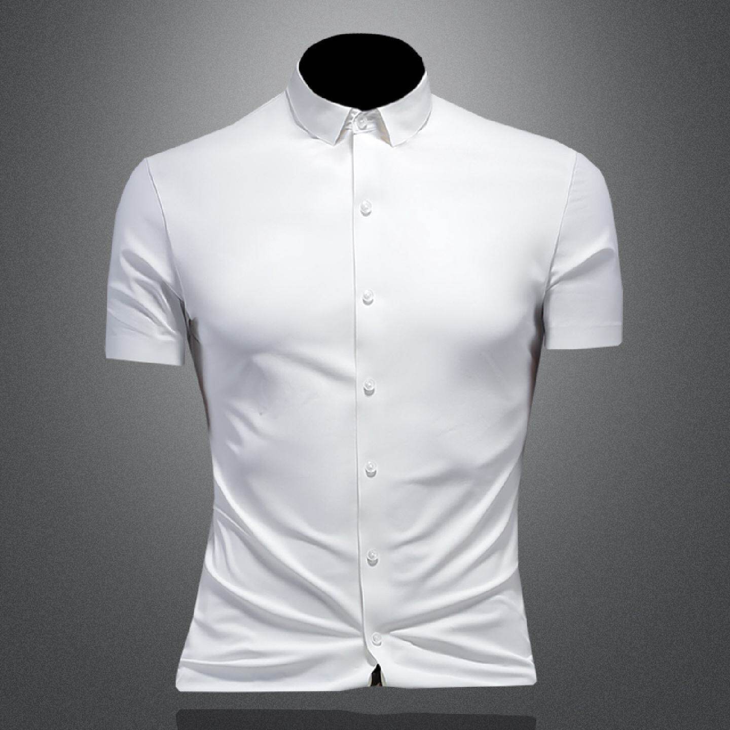 夏季高弹力短袖男衬衫丝滑舒适无痕压胶垂感免烫商务休闲修身衬衣