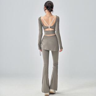 秋冬瑜伽服长袖套装女带胸垫美背显瘦运动上衣外穿普拉提健身训练