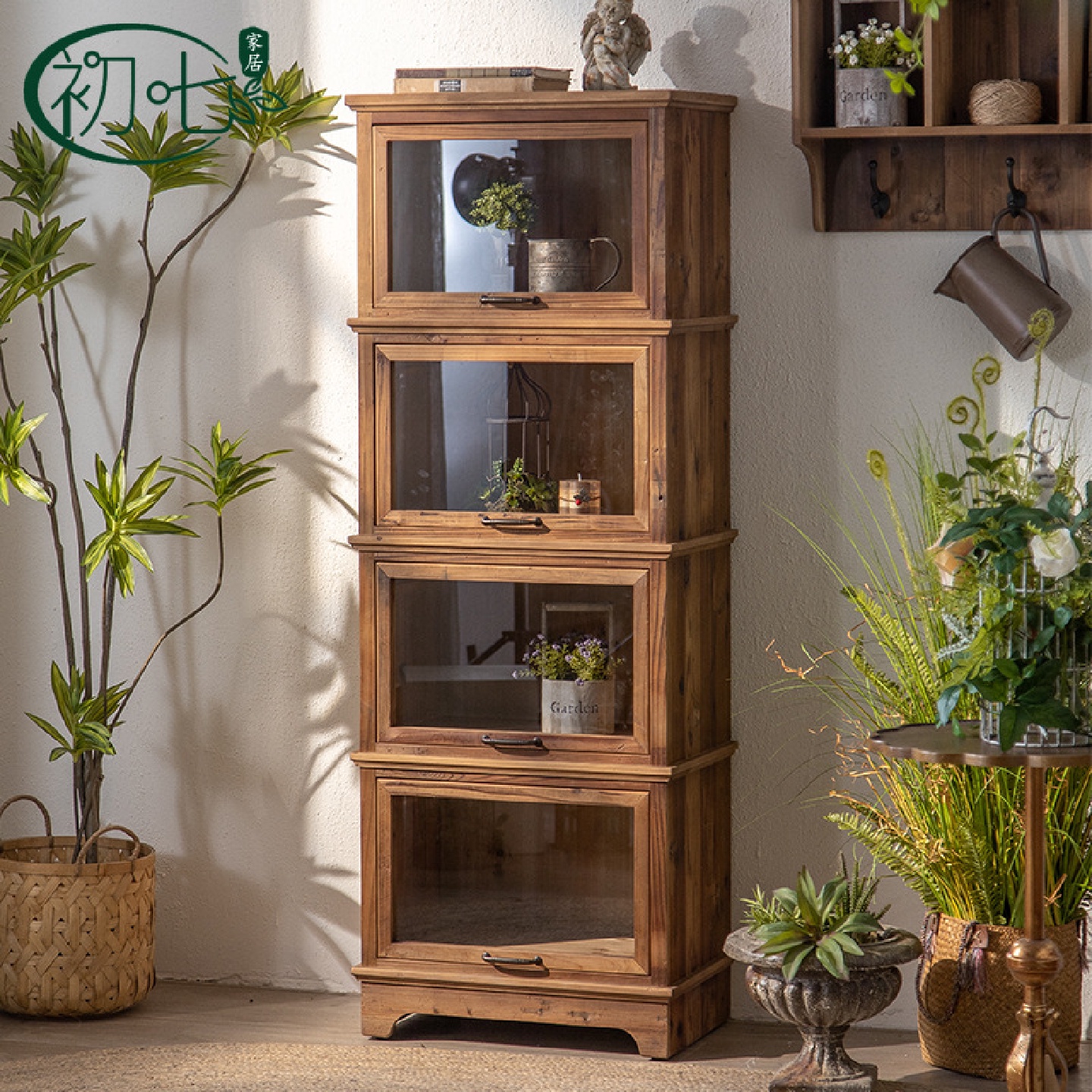 简约餐边柜美式复古斗柜玻璃实木柜多层收纳展示柜角落做旧储物柜