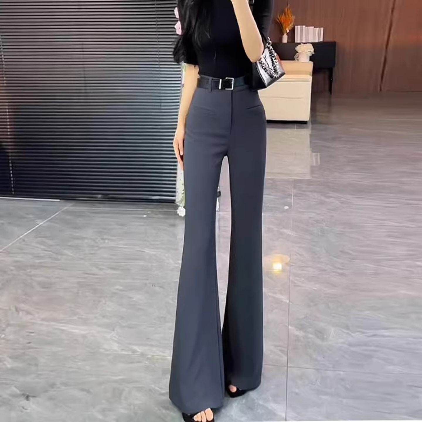 灰色西装OL微喇叭西装裤女2026年春夏新款气质修身显瘦垂感马蹄裤