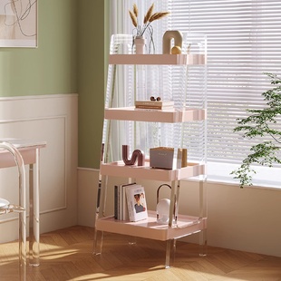 亚克力悬浮书架奶油风高级感多层置物架实木落地柜儿童绘本收纳架