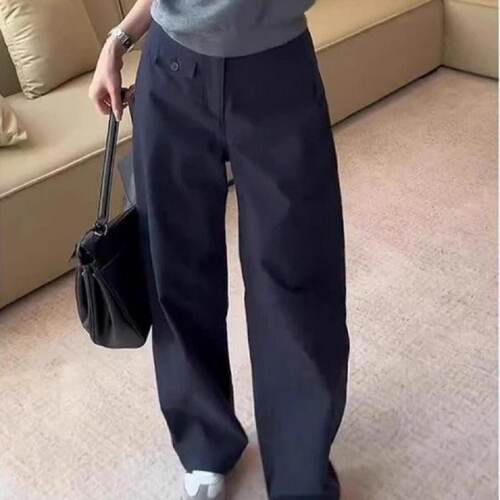 藏青色直筒休闲裤女2025春秋新款大码胖mm高腰百搭显瘦工装阔腿裤