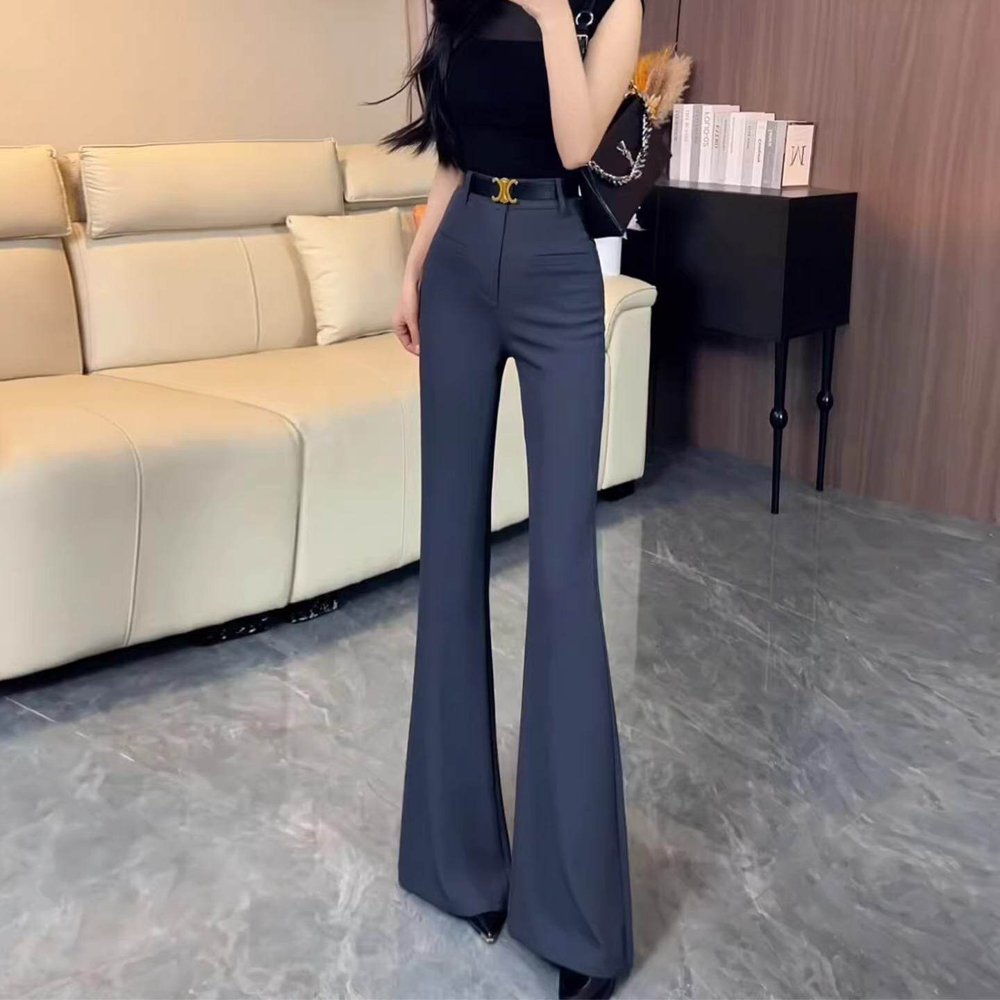 灰色气质百搭高腰微喇西装裤女2026春新款修身显瘦垂感拖地马蹄裤
