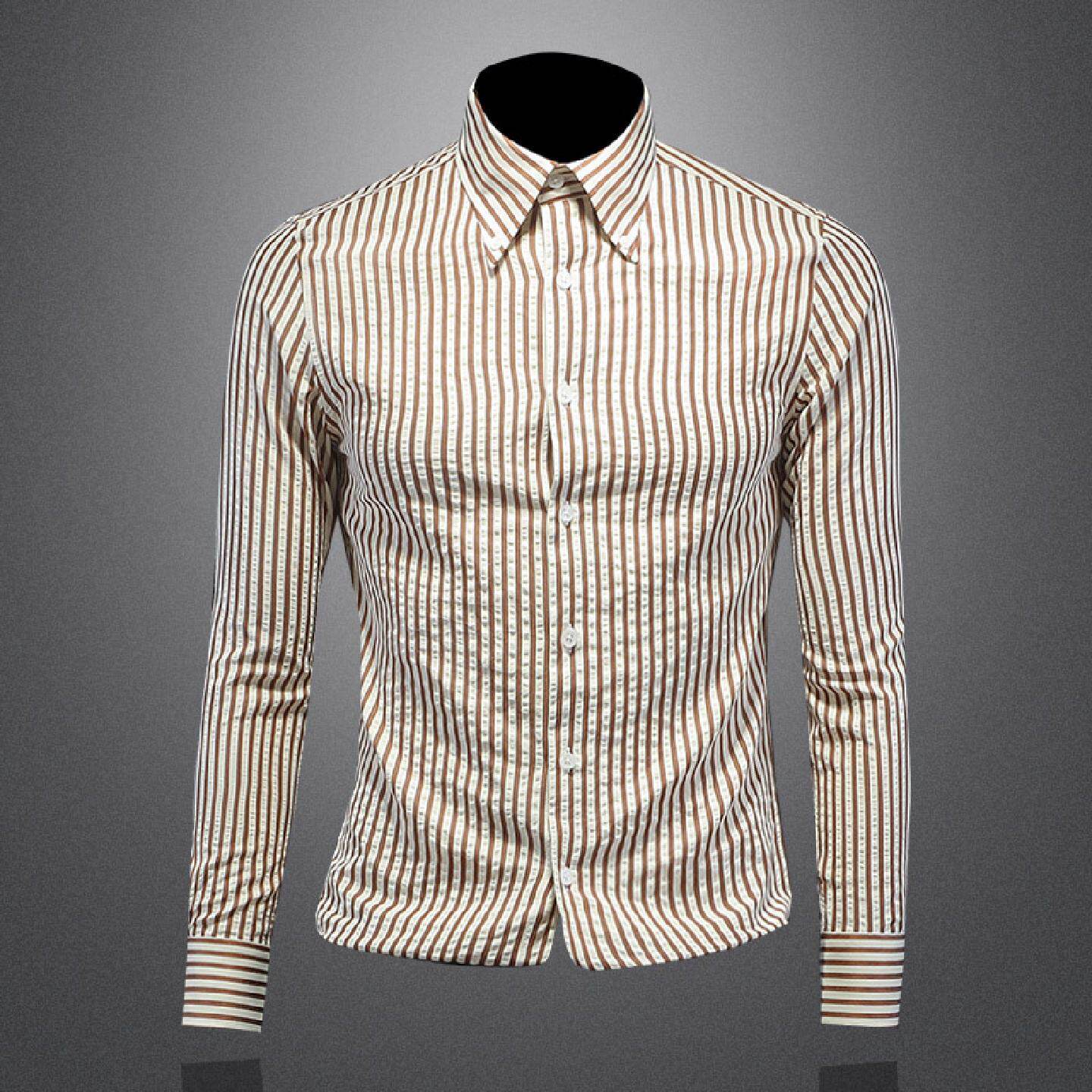 欧洲站条纹衬衫男长袖春秋季新款英伦修身韩版百搭商务休闲衬衣潮