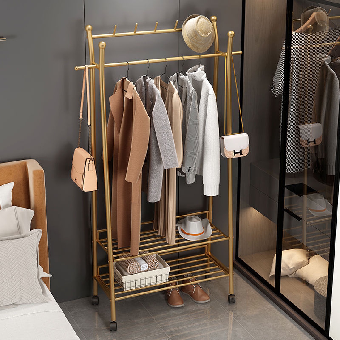 简易衣帽架卧室带轮可移动北欧轻奢落地挂衣架家用客厅收纳衣服架