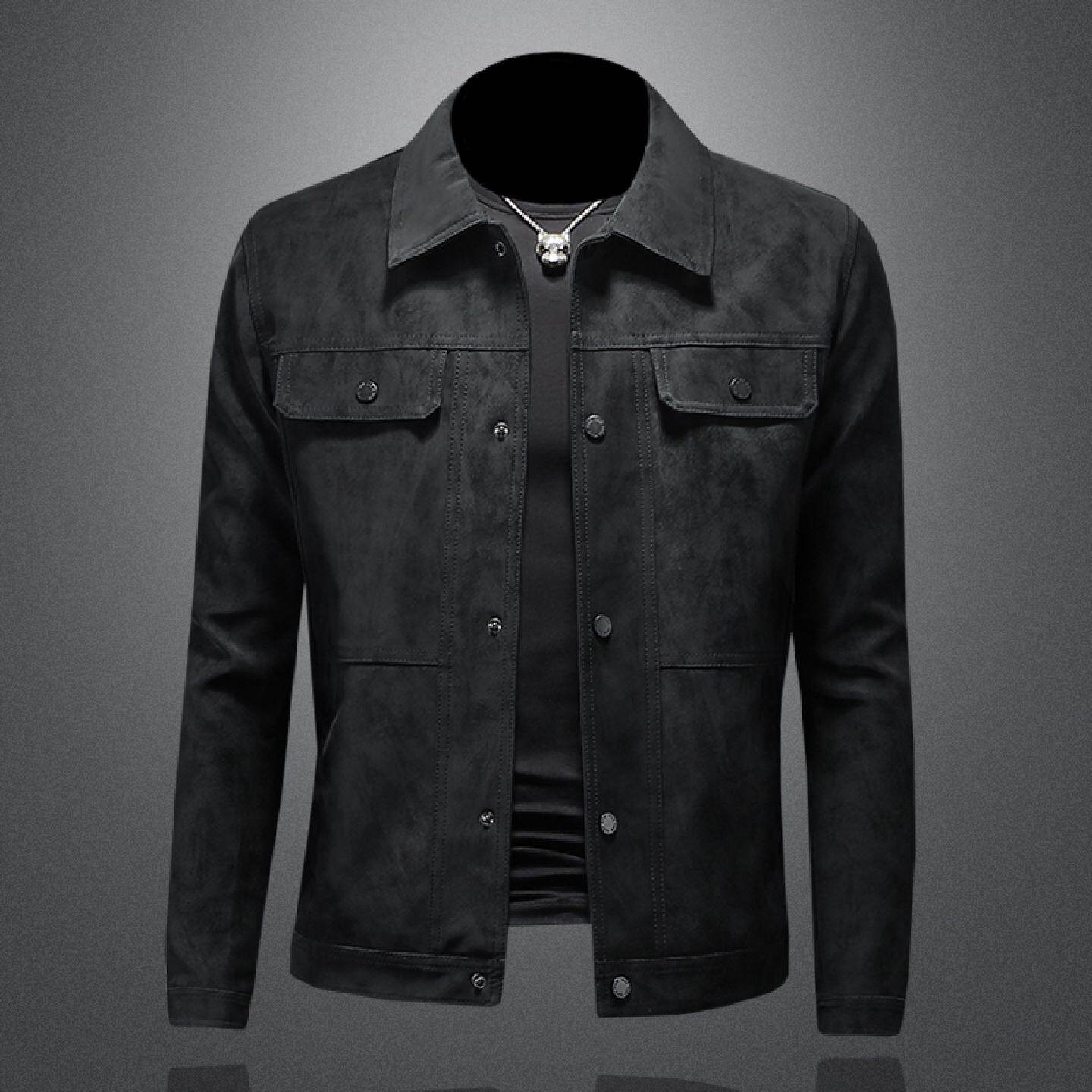 麂皮绒翻领机车皮夹克男春秋季新款韩版修身软皮外套青年潮牌皮衣
