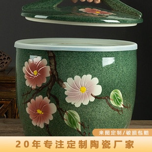 老式 景德镇手绘陶瓷米缸带盖家用10斤20斤30装 面粉桶防虫潮密封罐