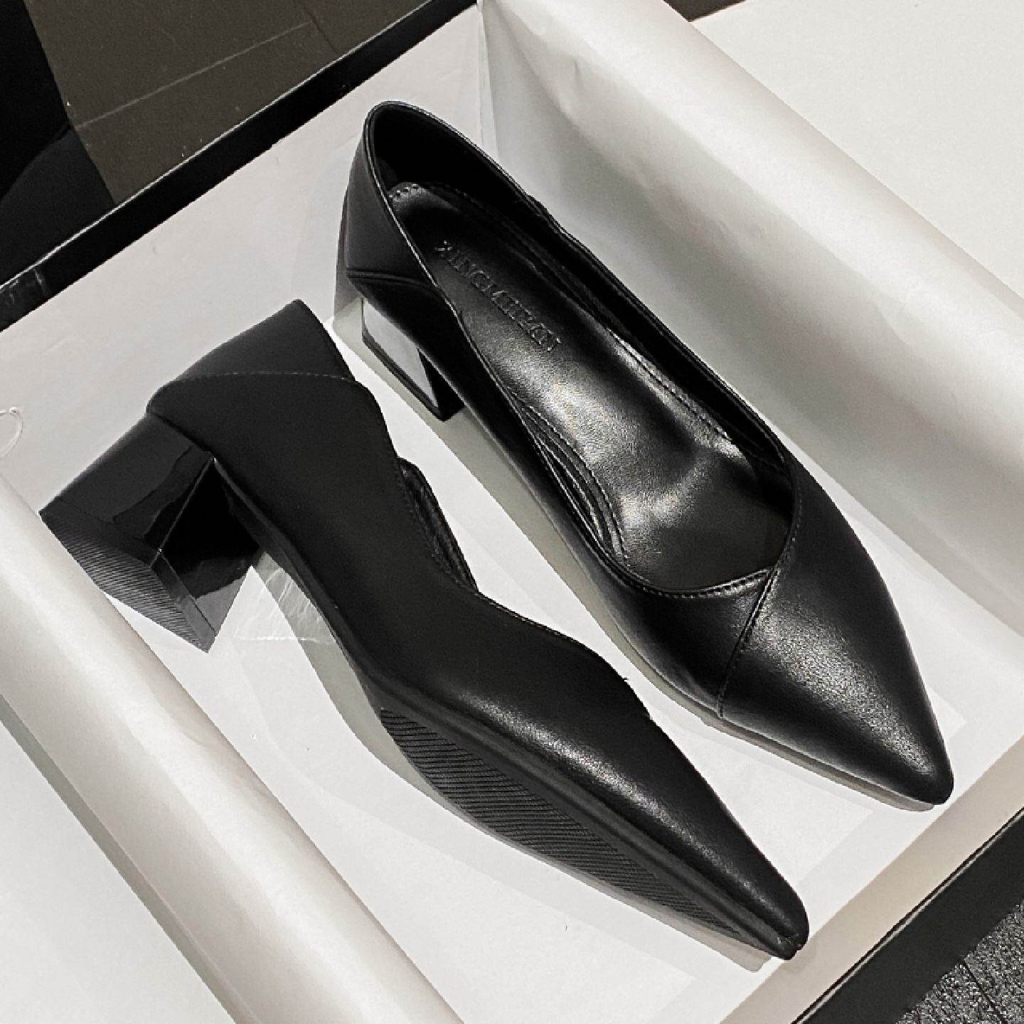 牛皮软皮职业高跟女鞋2025新款浅口尖头单鞋粗跟不累脚工作鞋黑色