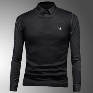 毛衣内搭小衫 长袖 青年休闲修身 衬衫 欧货假两件男装 打底衫 秋冬新款