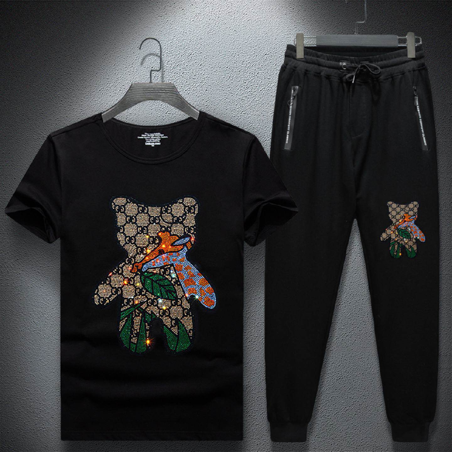 2026男士套装搭配帅气夏季潮流烫钻短袖恤男暴力熊休闲裤长裤男潮