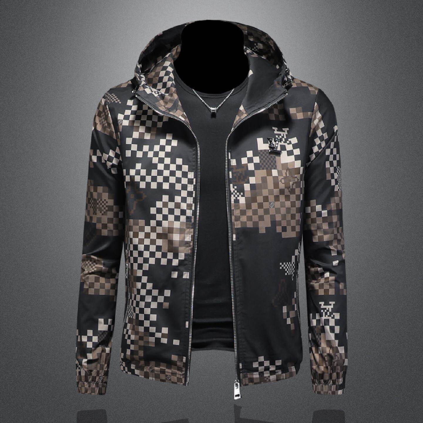 欧货男士夹克外套连帽休闲时尚高端有型轻奢像素印花秋冬新款上衣