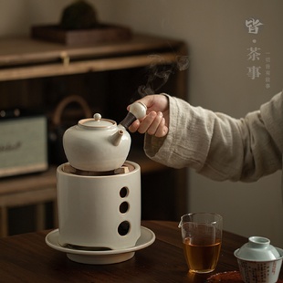 中式 家用围炉煮茶炭火炉套装 侧把泡茶壶粗陶煮茶炉户外明火煮茶器