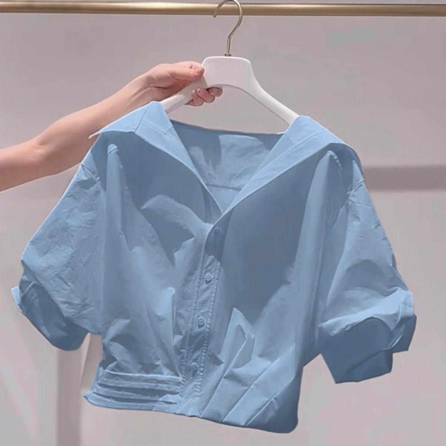 法式气质蓝色翻领短袖衬衫女2025夏季新款小个子短款宽松绝美上衣