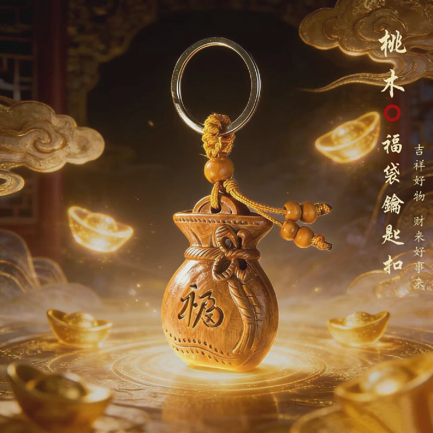 丙午马年吉祥匠心之作桃木福禄钱袋子钥匙扣驾车个人用品钥匙挂件