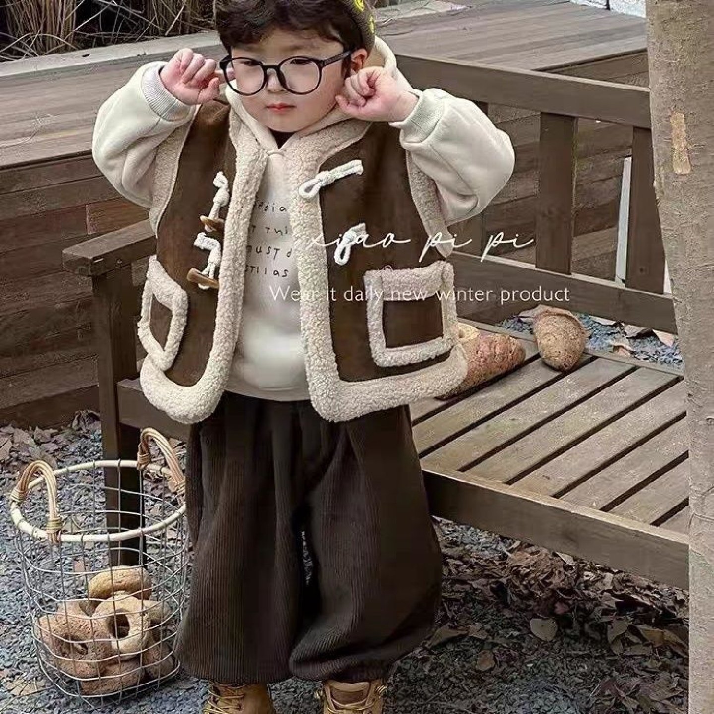 儿童马甲套装2023冬季新款韩版男童羊羔保暖加绒加厚卫衣三件套潮