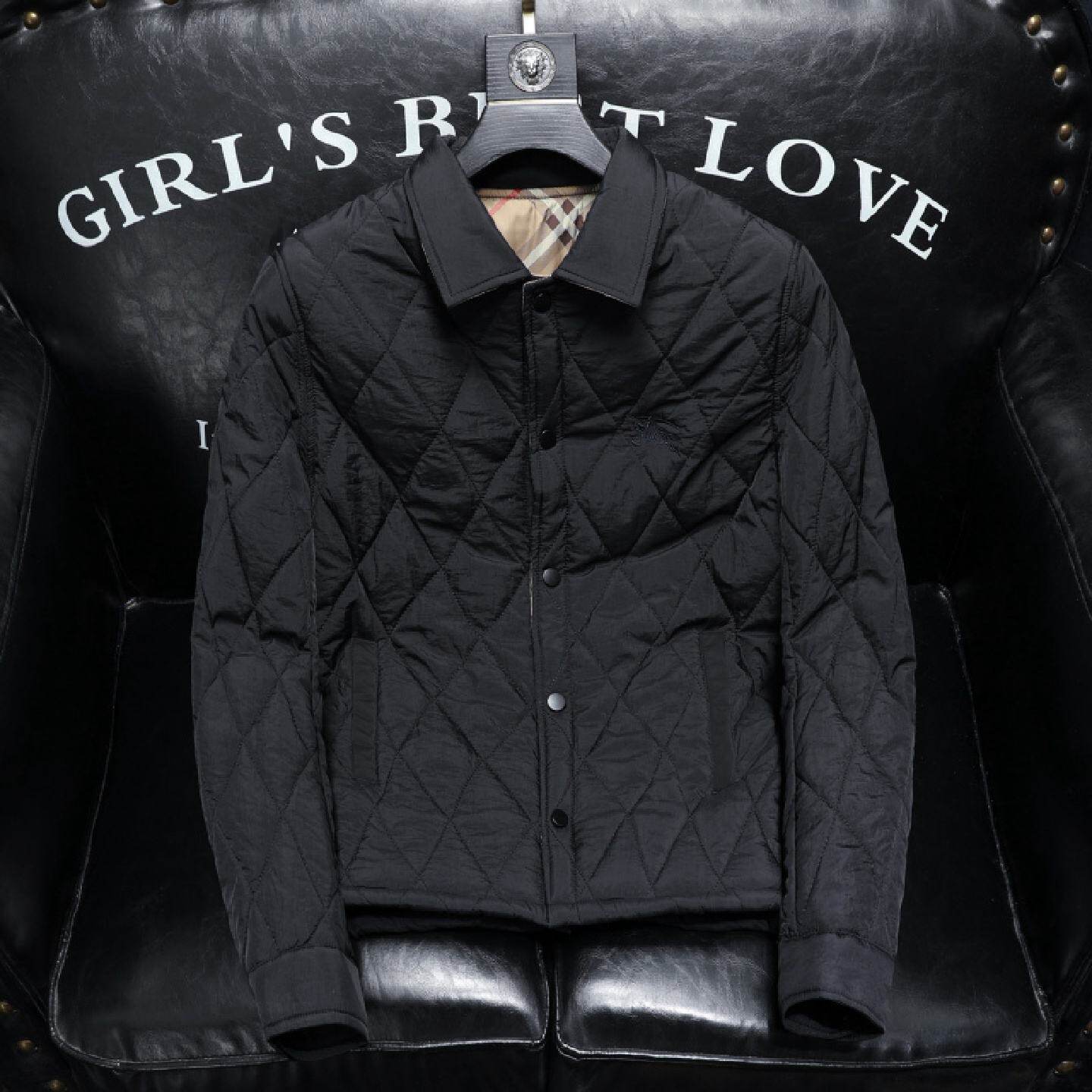 欧洲站潮牌衬衫领菱格薄款棉服男秋冬季修身休闲简约棉衣外套潮男