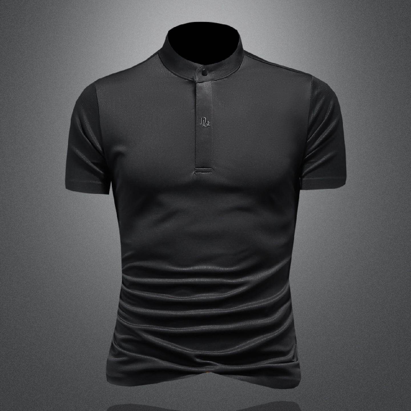 2026新中式立领衫男士短袖夏季新款商务休闲修身翻领刺绣恤上衣潮