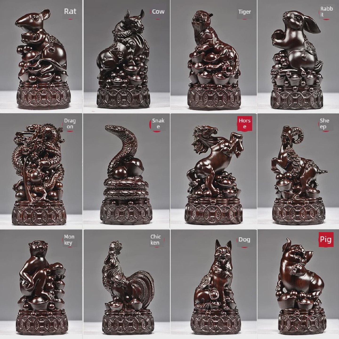乌木实木十二生肖饰品全套木雕，鼠，牛，虎，兔，龙，蛇，马，羊