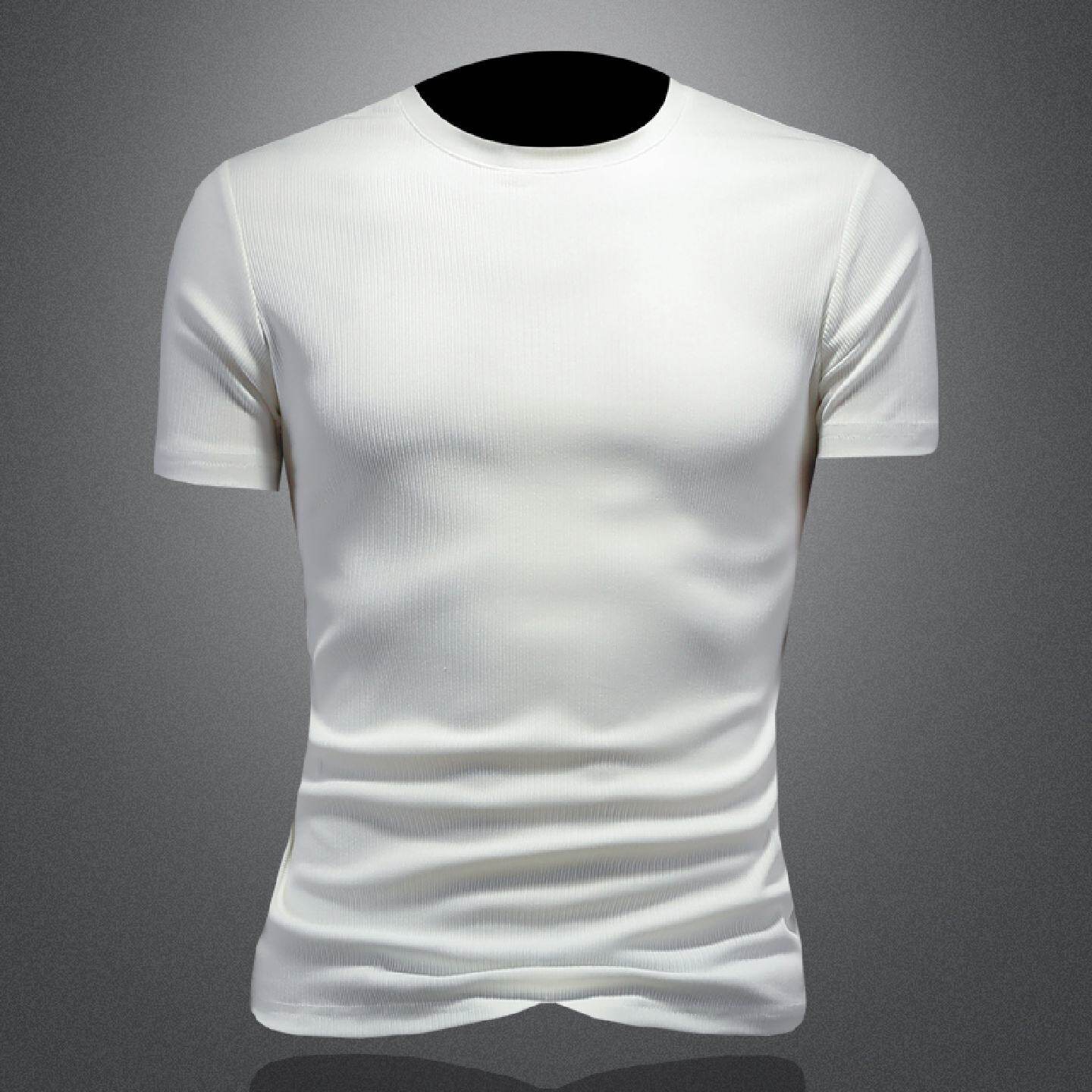 条纹短袖恤男装夏季新款冰丝薄款高级感弹力修身体恤衫透气上衣潮