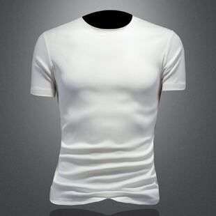 条纹短袖恤男装夏季新款冰丝薄款高级感弹力修身体恤衫透气上衣潮