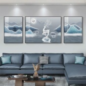 寓意好福鹿山水客厅装 饰画轻奢高级感沙发背景墙蓝色抽象三联挂画