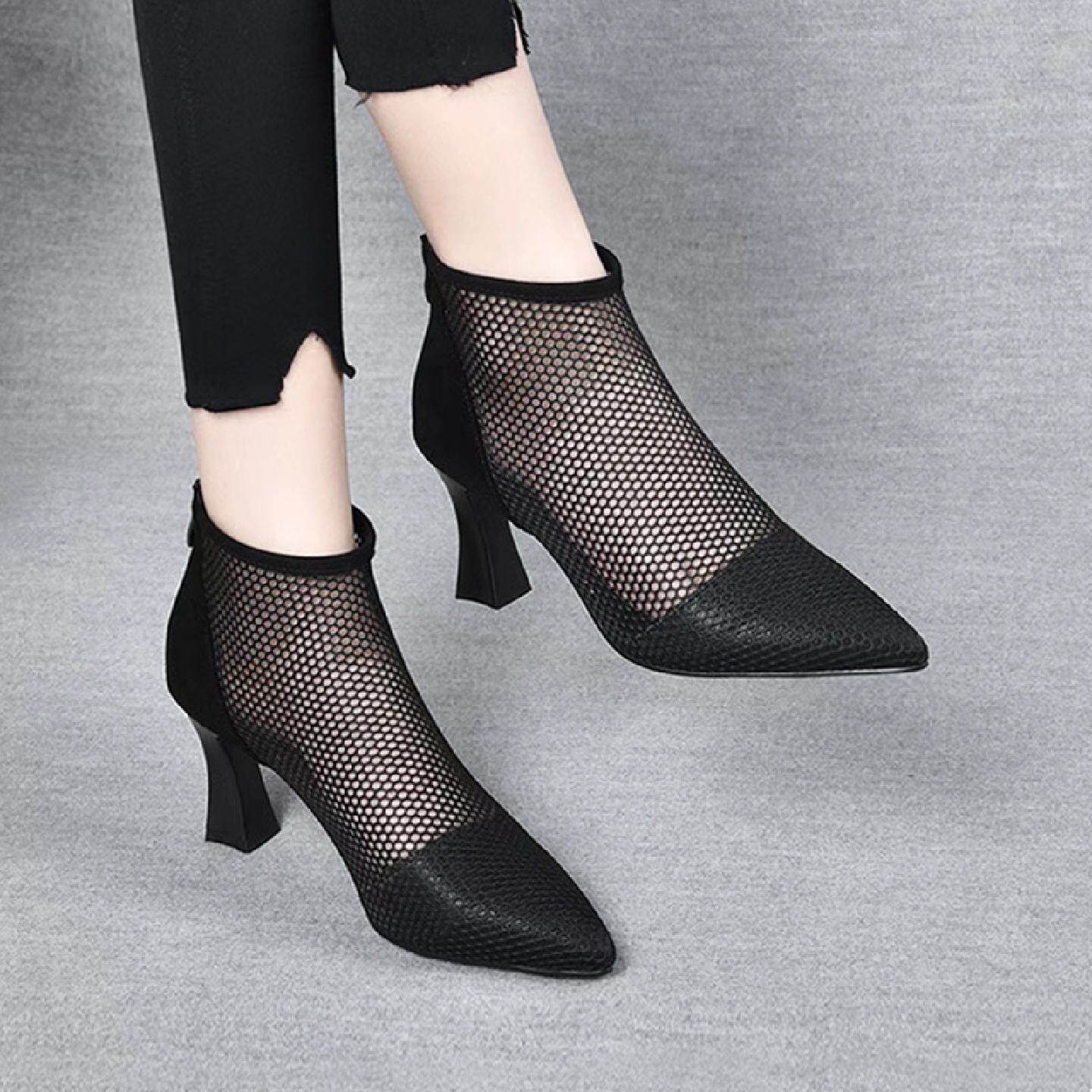 真皮凉靴女低跟女鞋2025年春夏新款尖头镂空高跟鞋女33码网纱凉鞋