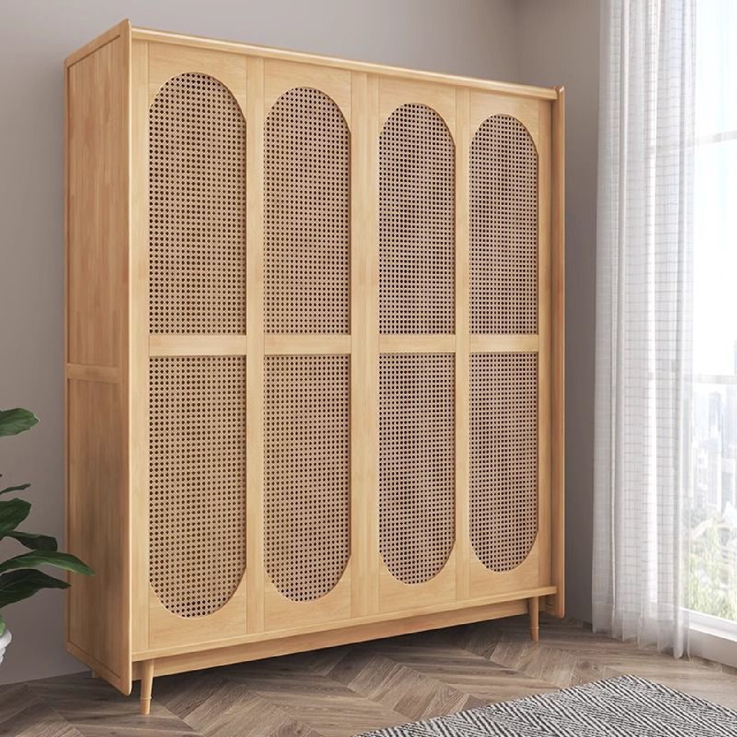 复古实木衣柜家用卧室小户型藤编挂衣服收纳柜子储物柜民宿