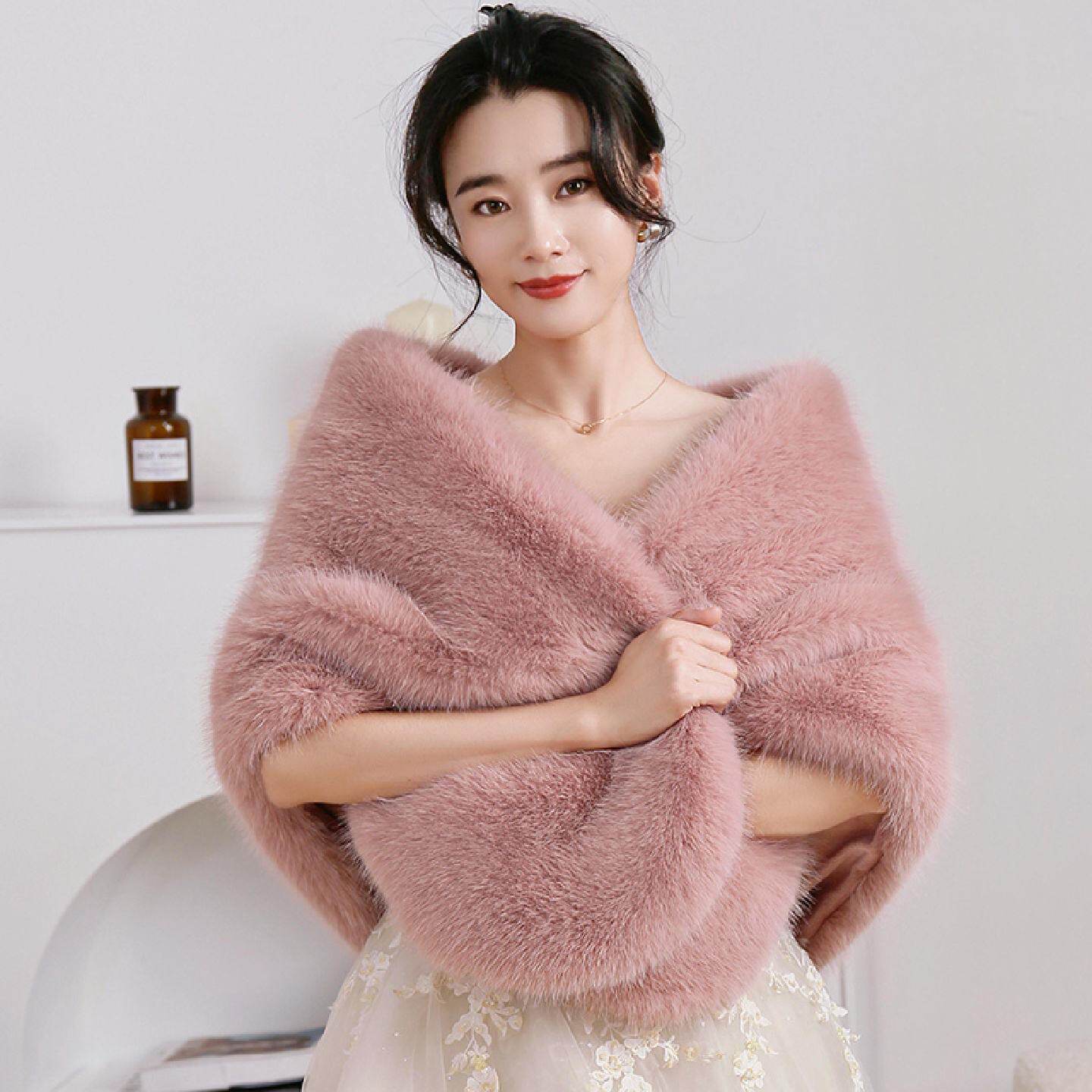 婚纱披肩冬季新娘结婚红色敬酒礼服外搭仿狐狸毛皮草斗篷旗袍外套