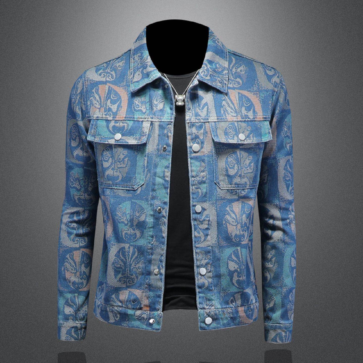 2026欧洲站牛仔外套男装春秋季新款韩版修身潮牌休闲提花翻领夹克