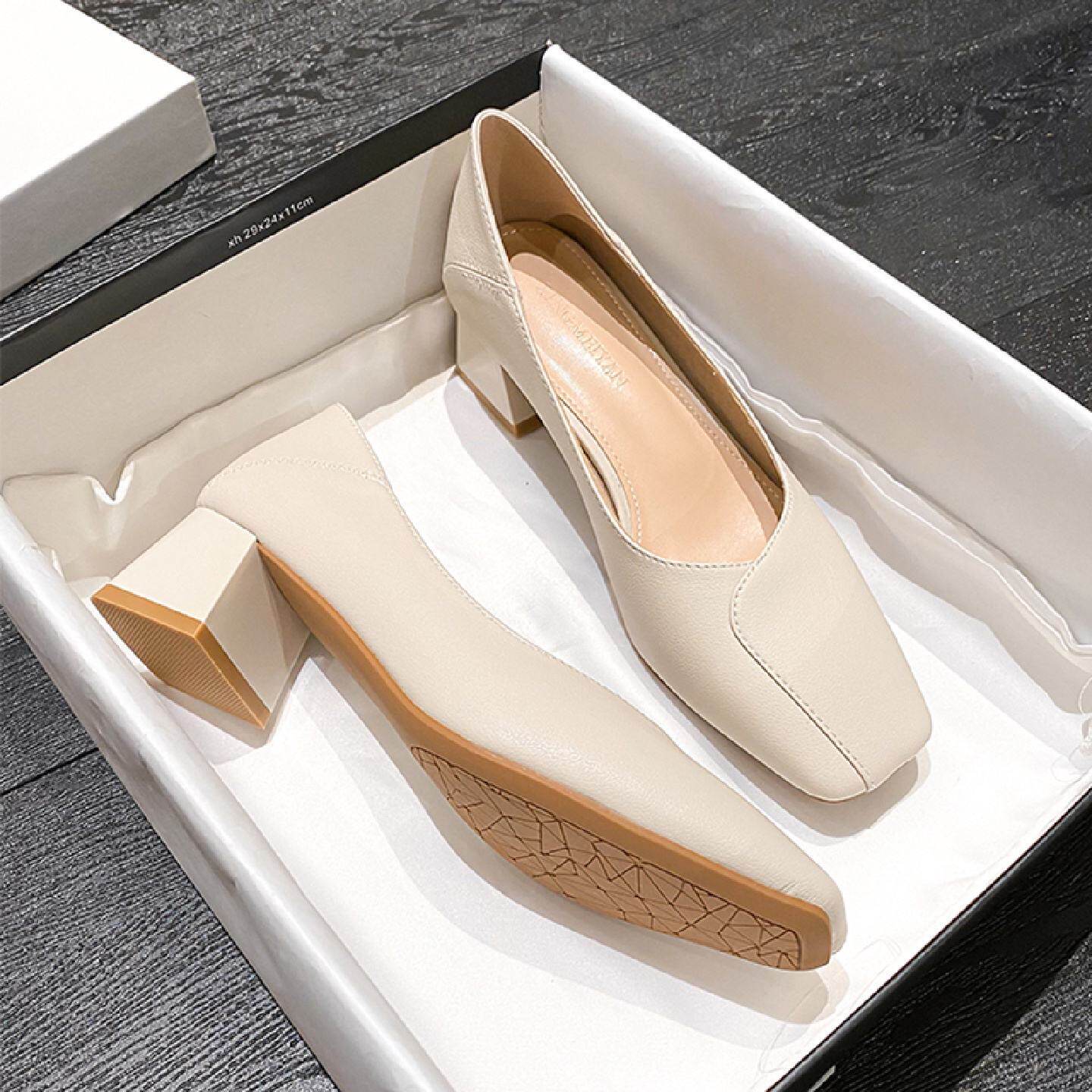 牛皮奶奶鞋女粗跟2026年春款法式百搭单鞋中跟妈妈鞋方头高跟女鞋