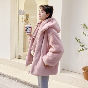 诗资彤2024冬季新款短款仿皮草大衣女加厚羊羔毛连帽外套