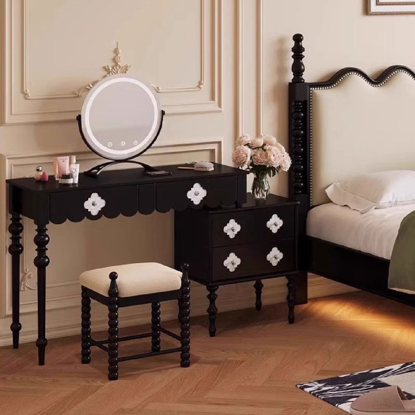 法式复古黑色贝壳实木梳妆台斗柜一体古风卧室伸缩化妆镜椅子组合