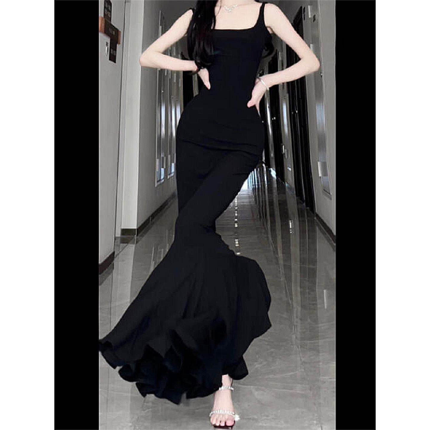 黑色吊带连衣裙女夏季2025新款步步生莲包臀鱼尾裙长款高级感裙子