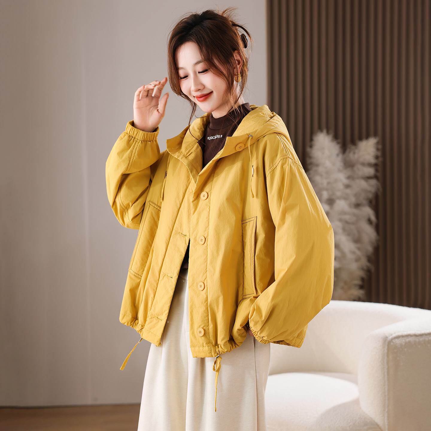 超好看棉服女款2025新款冬季保暖夹棉宽松厚外套女棉袄黄色薄棉衣