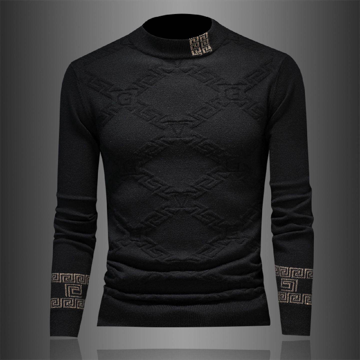 欧洲站半高领长袖羊毛衫男冬季新款套头潮牌提花内搭针织毛衣打底