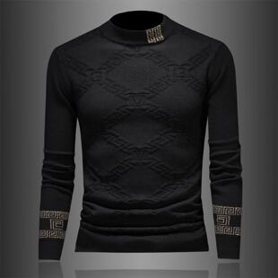 欧洲站半高领长袖羊毛衫男冬季新款套头潮牌提花内搭针织毛衣打底