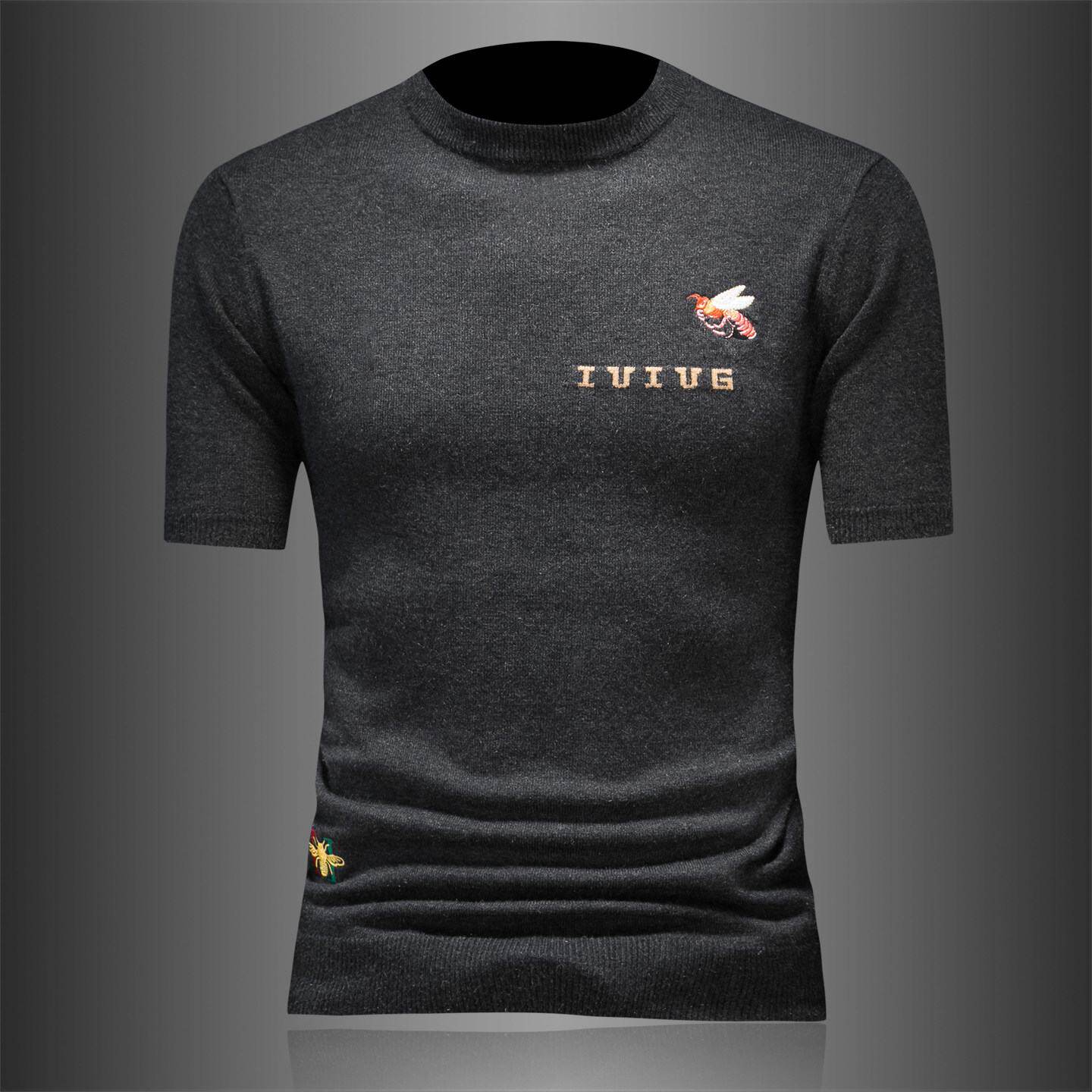 欧洲站小蜜蜂刺绣保暖短袖毛衣男士秋冬季新款圆领针织半袖羊毛衫