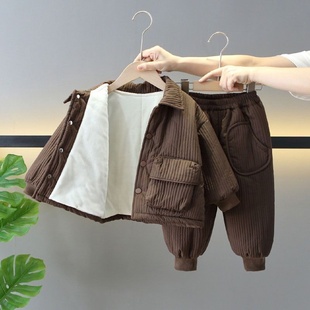 男童套装j加绒加厚2025韩版帅气洋气条绒开衫儿童外套两件套新款