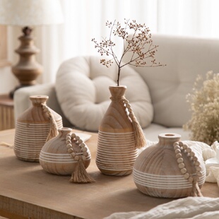 茶室餐桌插花小花器家居工艺品摆件复古禅意客厅实木干花瓶 中式