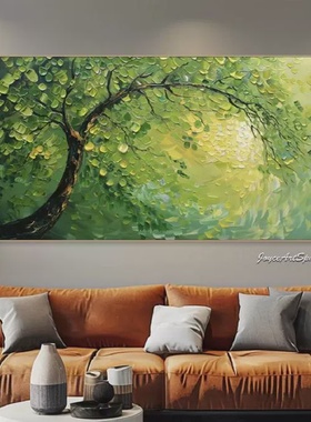 大芬村手绘油画抽象绿色发财树肌理客厅装饰画横版办公室立体挂画