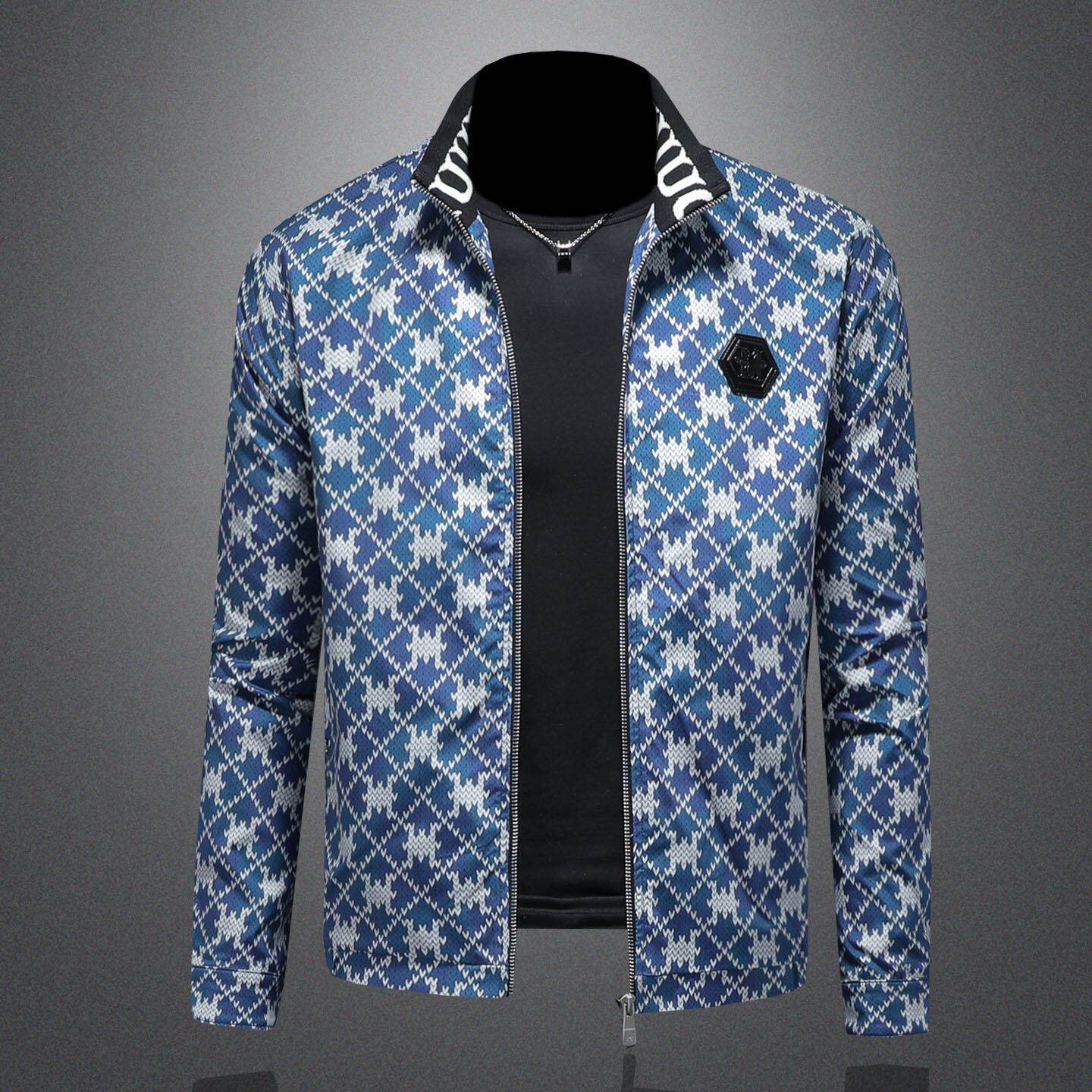 欧洲站立领夹克男士休闲宝蓝色潮牌外套高端秋季新款休闲刺绣上衣