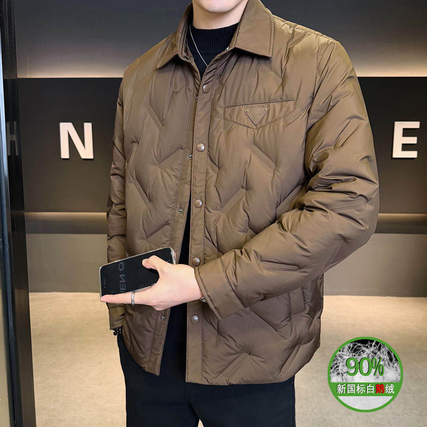 2026欧洲站白鹅绒轻薄羽绒服男冬季新款翻领保暖夹克外套男装潮潮