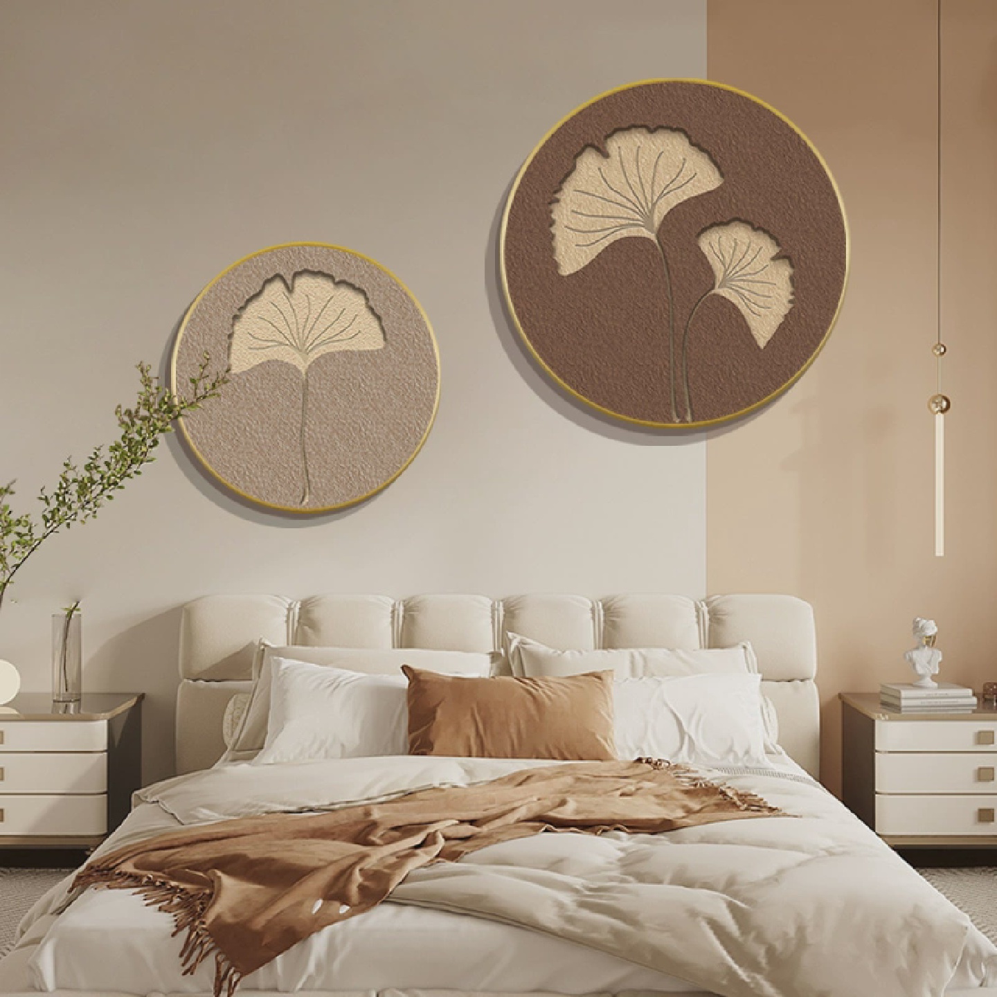 侘寂风圆形卧室装饰画画主卧房间床头墙壁画画银杏叶法式奶油客厅图片