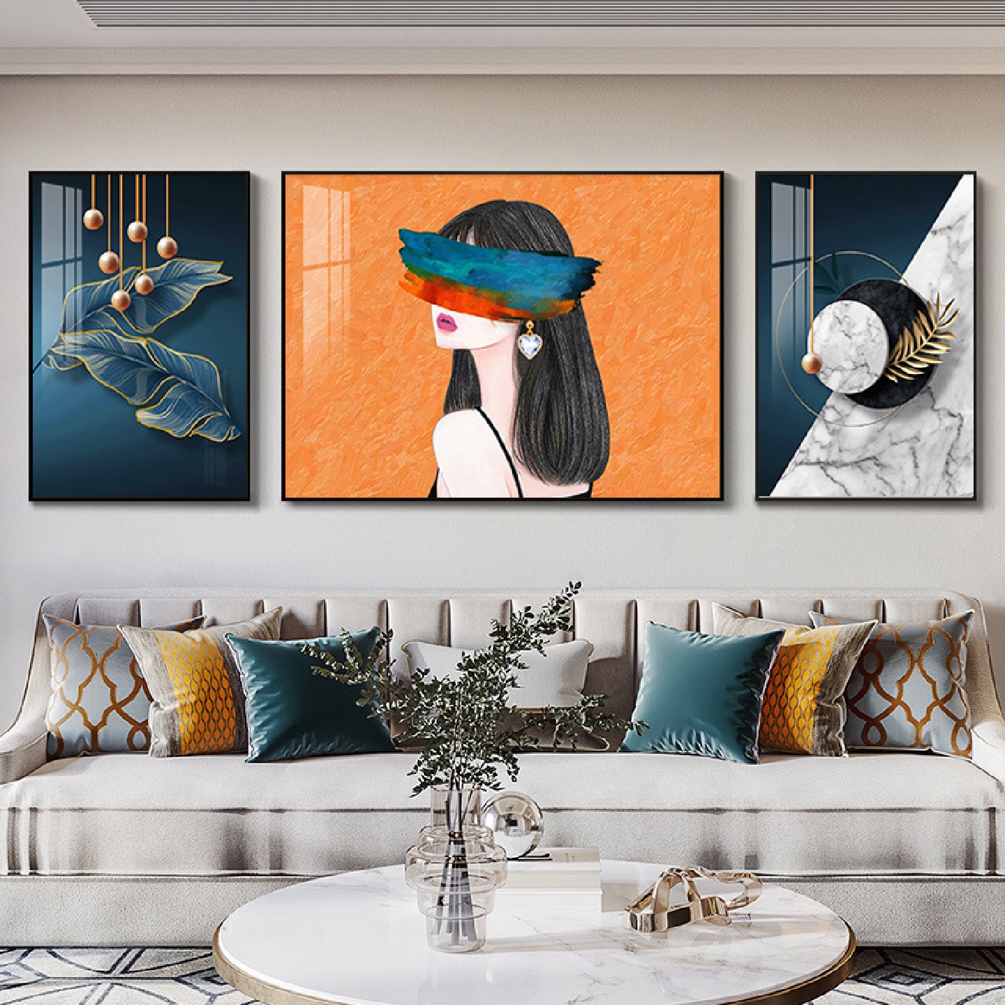 北欧轻奢客厅装饰画晶瓷三联画抽象个性人物美女沙发背景墙挂画图片
