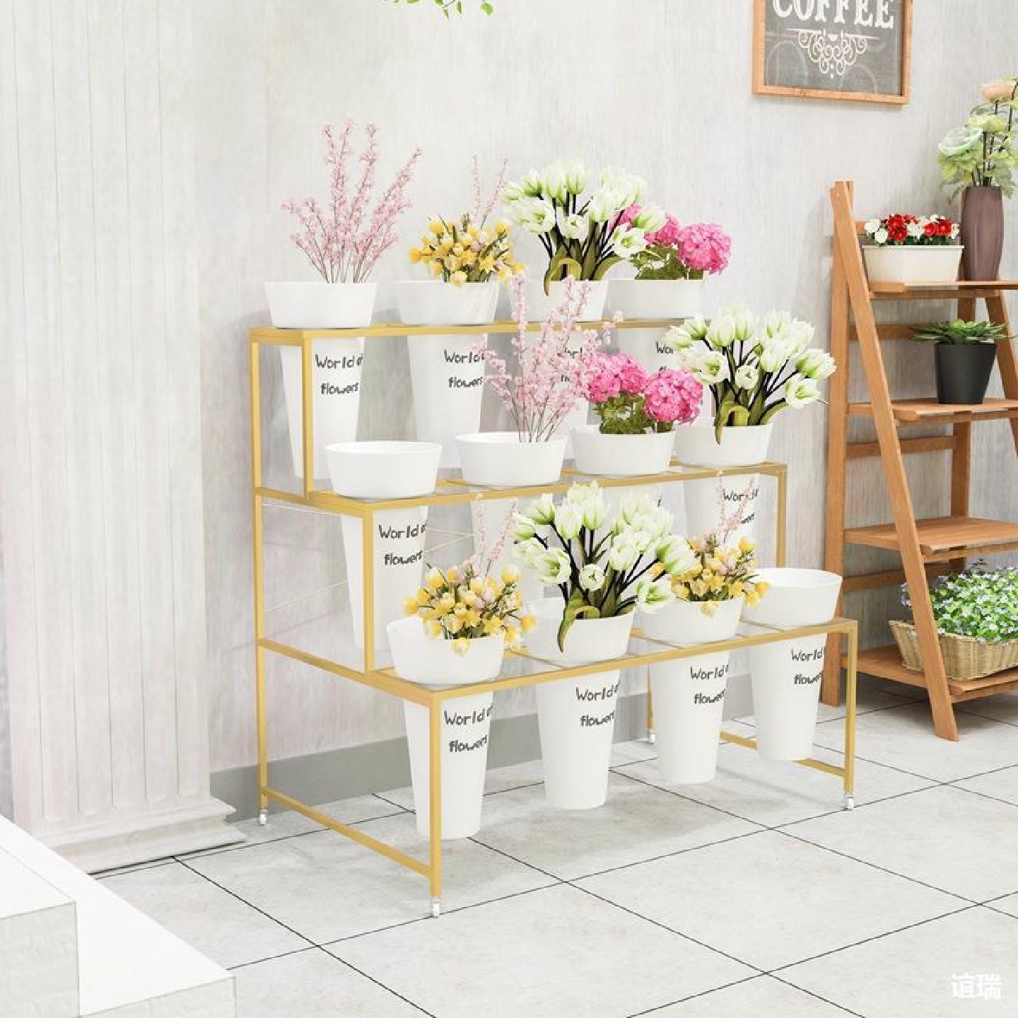 北欧金色铁艺花店花架可移动花架带万向轮鲜花展示架货架鲜花桶架