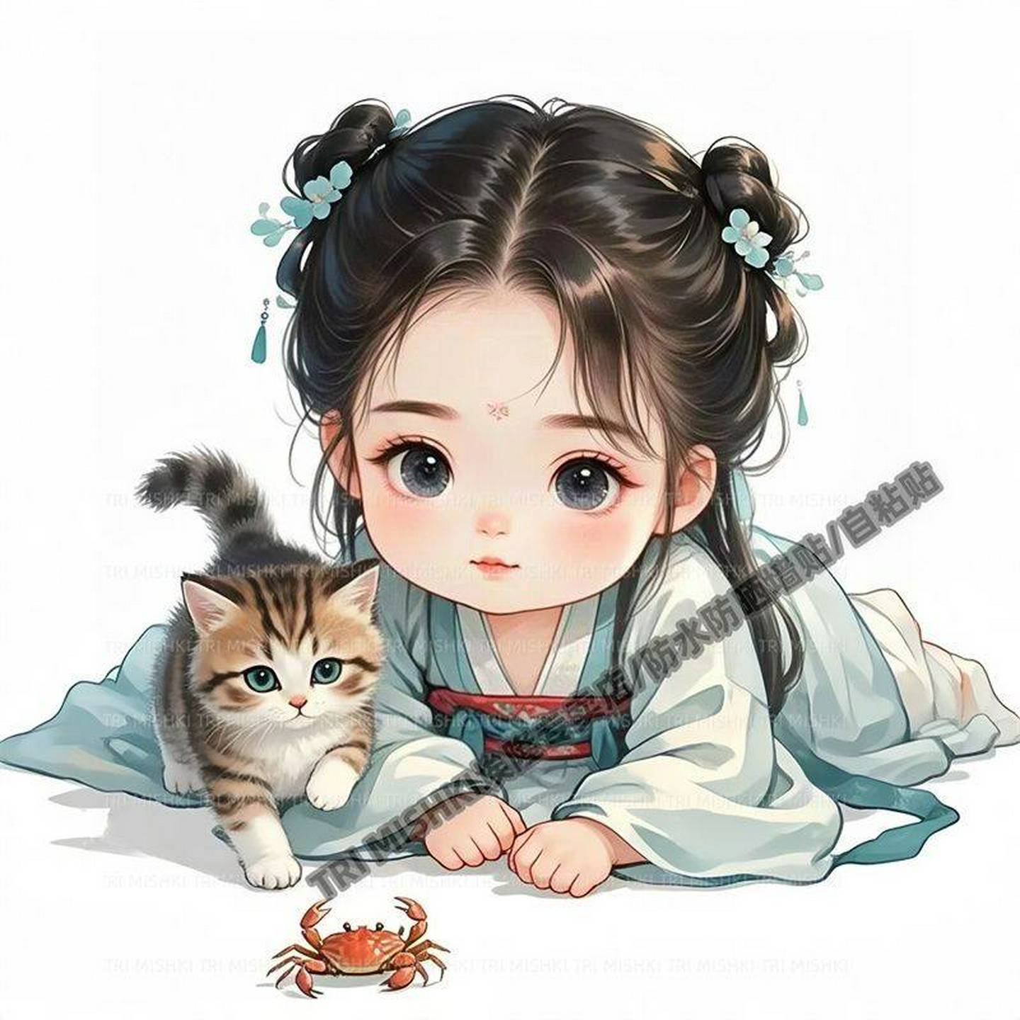 可爱的汉服小姐姐玩螃蟹贴纸冰箱厨房装饰贴纸饭厅整体橱柜防水自